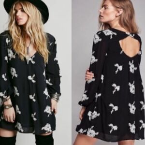 NWOT Free People "Austin" Black Floral Embroided Long Sleeve Dress & pockets SZS